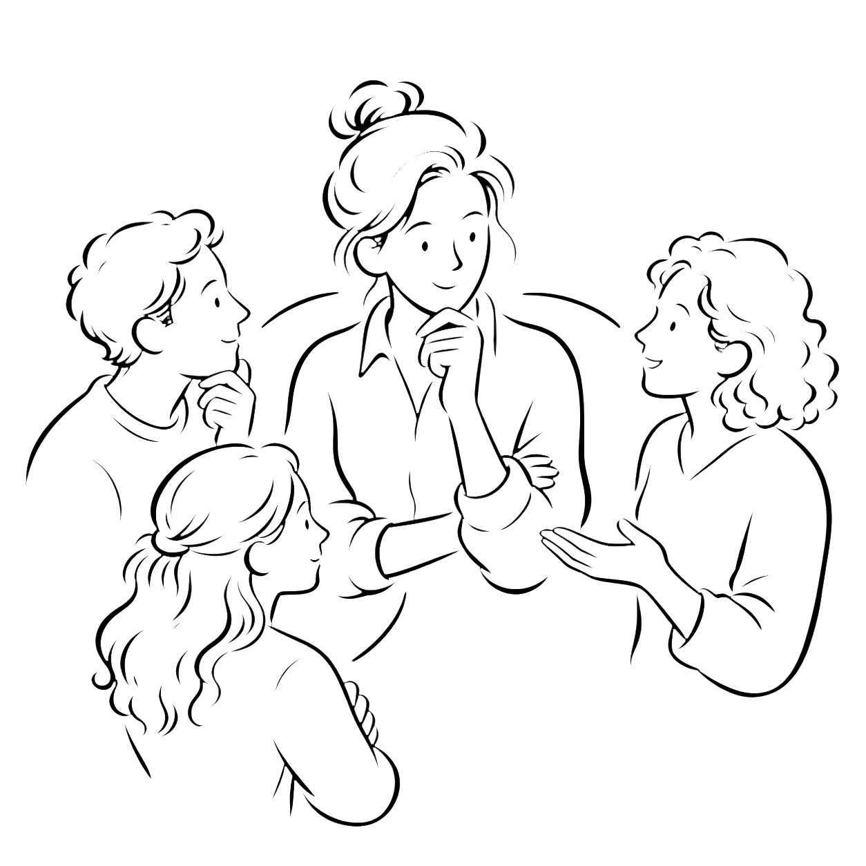 A hand-drawn scene of one person considering how to communicate with three different people.