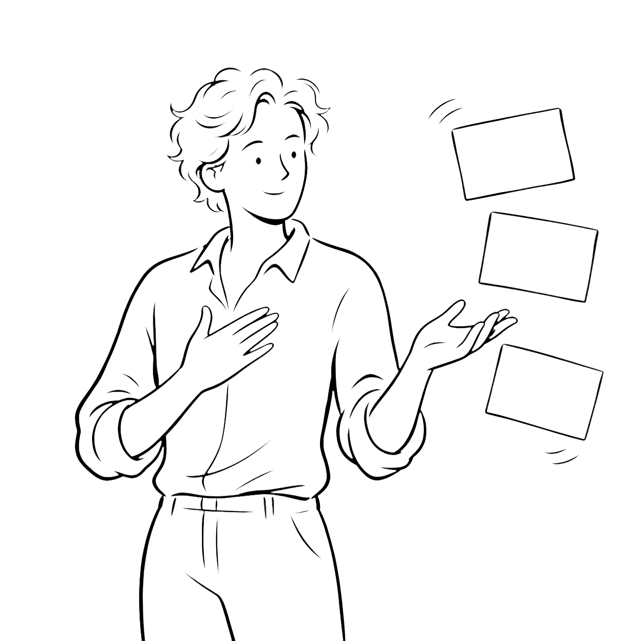 A hand-drawn scene of a person calmly rehearsing with three blank prompt cards.