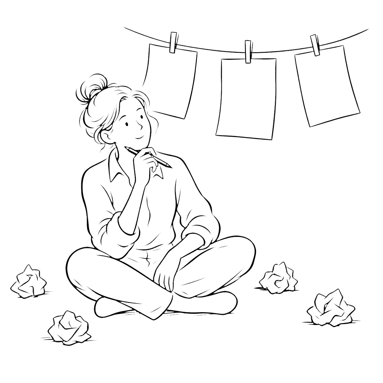 A hand-drawn scene of a woman considering her words among crumpled drafts and three blank pages.