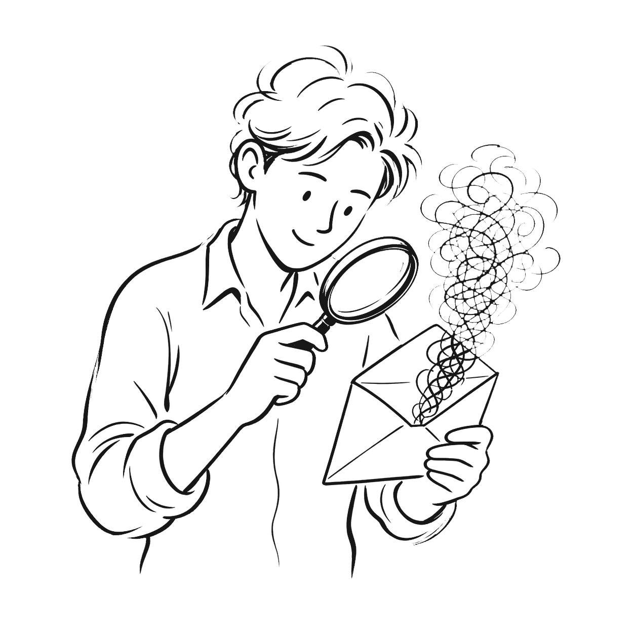 A hand-drawn scene of a person examining an uncertain message with a magnifying glass.