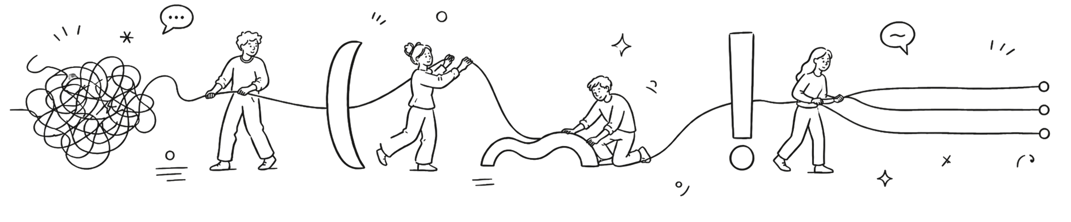 Four people guide a tangled line of thought through punctuation marks until it becomes three calm message paths.