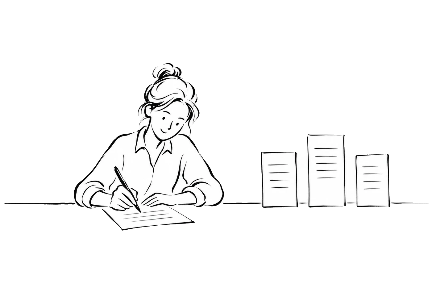 A person writing at a desk, with three finished versions of their message standing beside them.